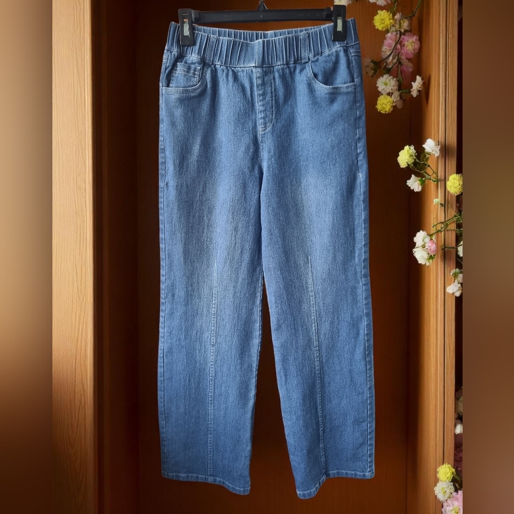 Casual Wide Leg High Waist Blue Denim Jeans With Front Seam Size M